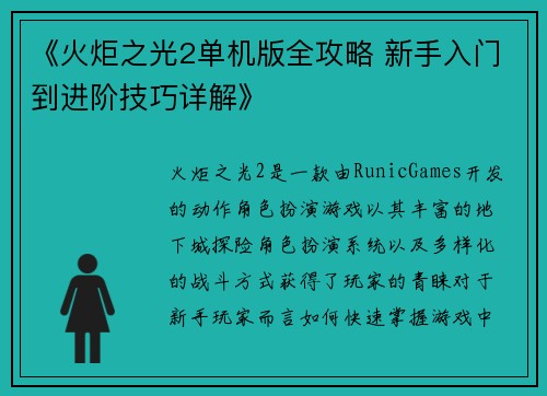 《火炬之光2单机版全攻略 新手入门到进阶技巧详解》